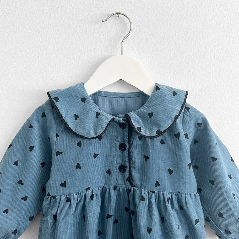 NWT Pretty Girls Long Sleeve One-Piece Romper Corduroy Blue /Black Hearts 9-12M - Picture 4 of 6